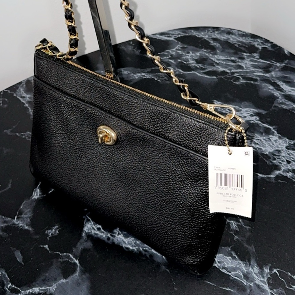 COACH Crossbody Bag C3376-GDBLK Polly Polished Pebble Leather Black AUTHENTIC - Picture 7 of 12